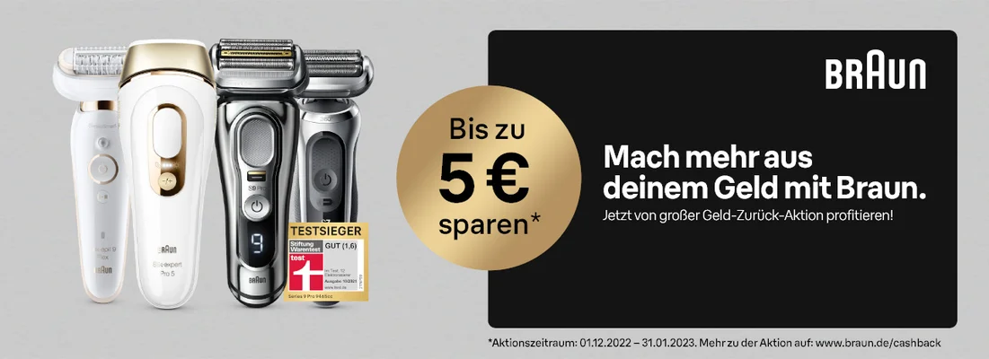 Bis zu 5 euro sparen. Mach mehr aus deinem Geld mit Braun. Jetzt von großer Geld-Zurück-Aktion profitieren! *Aktionszeitraum: 01.12.2022 - 31.01.2023. Mehr zu der Aktion auf: www.braun.de/cashback. TESTSIEGER Stiftung GUT (1,6) Warentest Ausgabe 10/2321 Series 9 Pro 9465cc