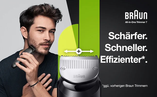 Braun All-in-One Trimmer 7. Schärfer. Schneller. Effizienter. ggü. vorherigen Braun Trimmern.