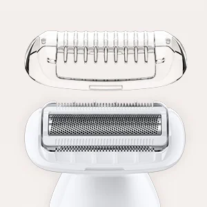 Braun Epilierer-Aufsatz mit Schutzkappe, der die Epilierköpfe und die Pinzetten zeigt.