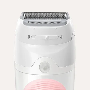 Braun Epilierer mit Detailaufnahme des Epilierkopfes und der einstellbaren Geschwindigkeitsstufen.