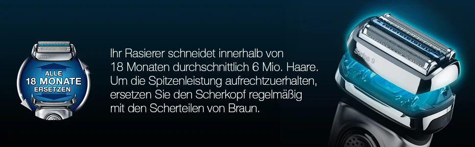 ALLE 18 MONATE ERSETZEN. Ihr Rasierer schneidet innerhalb von 18 Monaten durchschnittlich 6 Mio. Haare. Um die Spitzenleistung aufrechtzuerhalten, ersetzen Sie den Scherkopf regelmäßig mit den Scherteilen von Braun. Series 9