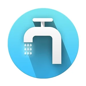 Wasserhahn-Symbol auf blauem Hintergrund, der fließendes Wasser darstellt.