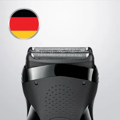 Braun Rasierer, Nahaufnahme des Scherkopfes mit Deutscher Flagge im Hintergrund.