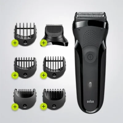 Braun Rasierer mit verschiedenen Trimmeraufsätzen für Bartstyling.