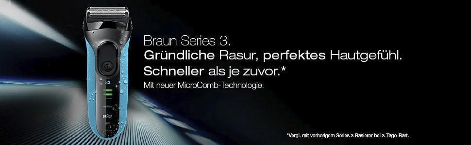 Braun Series 3. Grundliche Rasur, perfektes Hautgefuhl. Schneller als je zuvor.* Mit neuer MicroComb-Technologie. *Vergl. mit vorherigern Series 3 Rasierer bei 3-Tage-Bart.