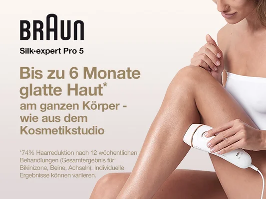 braun silk expert pro 5. Bis zu 6 monate glatte haut. am ganzen korper wie aus dem kosmetikstudio. 74% haarreduktion nach 12 wochentlichen behandlugen (Gesamtergebnis fur bikinizone, beine, achseln). Individuelle ergebnisse konnen variieren