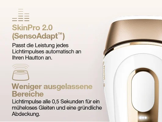 SkinPro 2.0 (SensoAdapt) Passt die leistung jedes lichtimpulses automatisch an ihren hautton an, Weniger ausgelassene bereiche. Lichtimpulse alle 0,5 sekunden fur ein muheloses gleiten und eine grundliche abdeckung.
