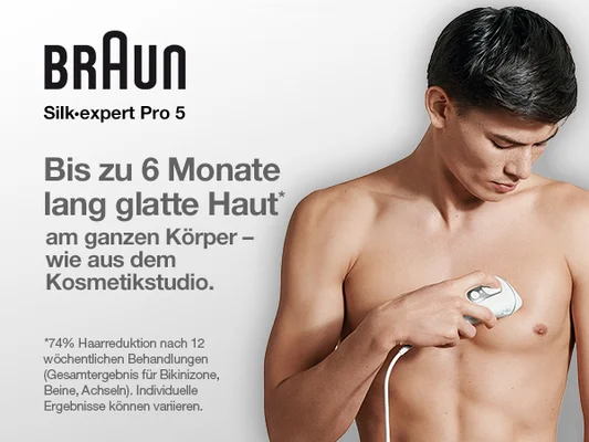 braun silk expert pro 5. Bis zu 6 monate lang haut. am ganzen korper - wie aus dem kosmetikstudio. 74% haarreduktion 12 wochentlichen behandlungen. Gesamtergebnis fur bikinizone, Beine, Achseln. Individuelle Ergebnisse konnen variieren.