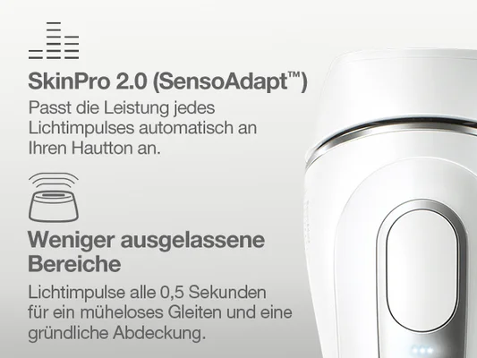 Skin pro 2.0 SensoAdaptTM. Passt die Leistung jedes Lichtimpulses automatisch an Ihren Hautton an. Weniger ausgelassene Bereiche. Lichtimpulse alle 0,5 sekunden fur ein muheloses gleiten und eine gundliche abdeckung.