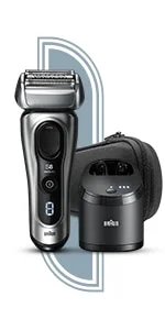 Braun Series 8 Rasierer mit Reinigungsstation und Reiseetui.