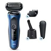 Braun Series 8 Rasierer, abgebildet mit Reinigungsstation, Trimmeraufsatz und Reiseetui.