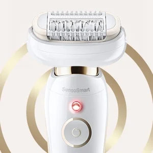 Braun Epilierer mit SensoSmart-Technologie und roter Warnleuchte, die auf zu starken Druck hinweist.