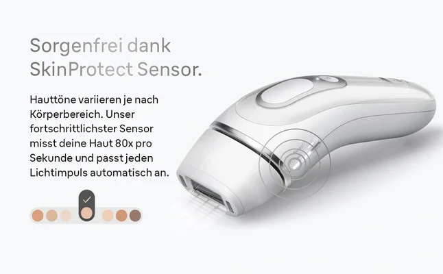 Braun Silk·expert Pro 3. Text zeigt, dass das Gerät den Hautton misst und sich anpasst.