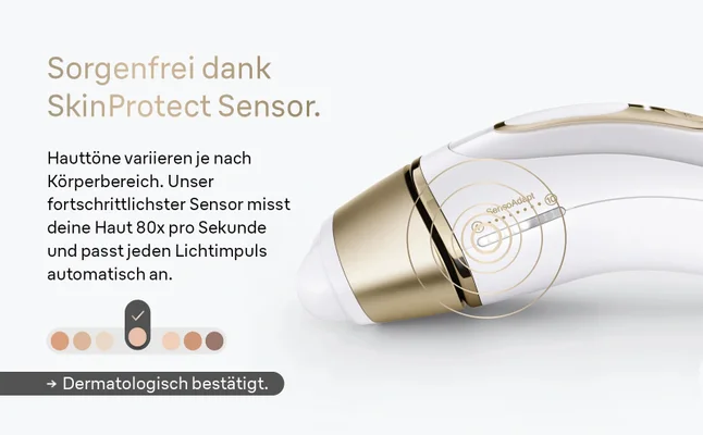 Braun Silk·expert Pro 5. Text zeigt, dass das Gerät den Hautton misst und sich anpasst.