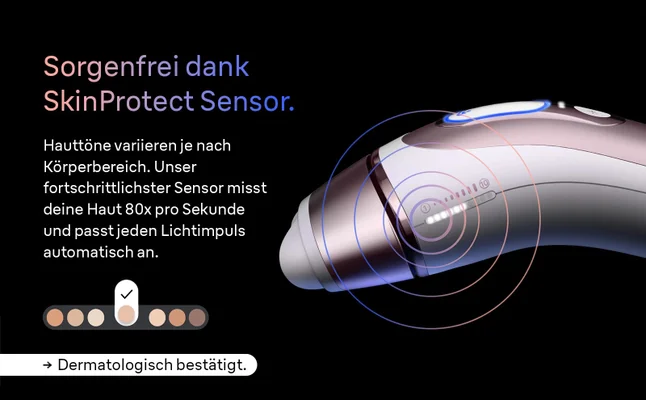 Braun Smart IPL. Text zeigt, dass das Gerät den Hautton misst und sich anpasst.