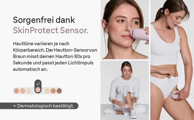 Frau verwendet den Silk·expert Mini. Text zeigt, dass das Gerät den Hautton misst und sich anpasst.