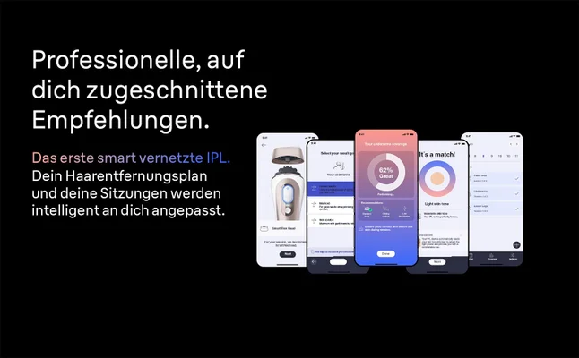 Smart IPL App auf dem Smartphone. Text erklärt, dass sich das Gerät an deine Bedürfnisse anpasst.