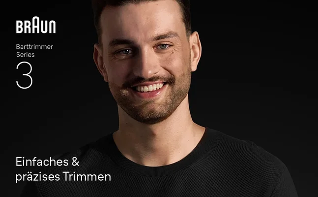 Bärtiger Mann nach der Verwendung des Braun Barttrimmer Series 7 für perfekten Style und Präzision.