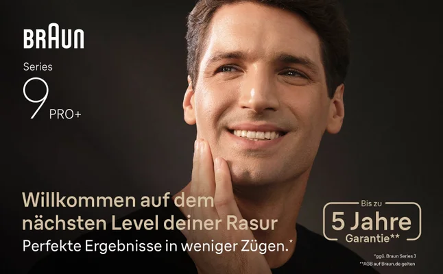 Ein Mann berührt seinen Kiefer. Text erklärt Braun Serie 9 ist „stark und präzise bei jedem Zug.