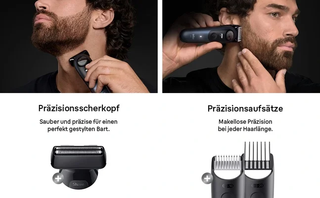 Mann nutzt Präzisionsaufsatz für makellose Präzision bei jeder Haarlänge.