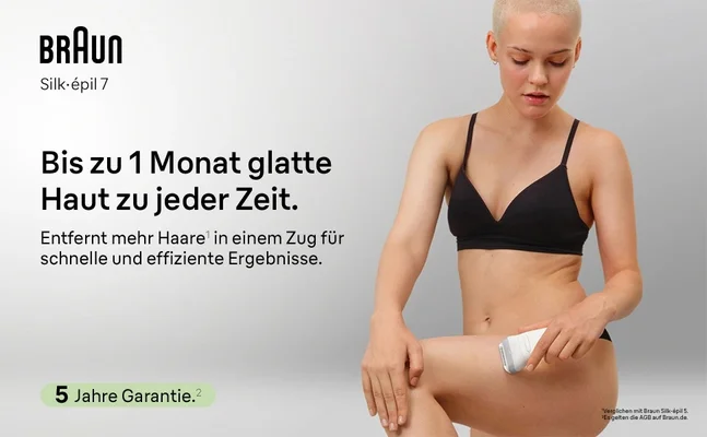 Eine Frau verwendet den Silk·épil 7 an den Beinen für bis zu einen Monat glatte Haut zu jeder Zeit.