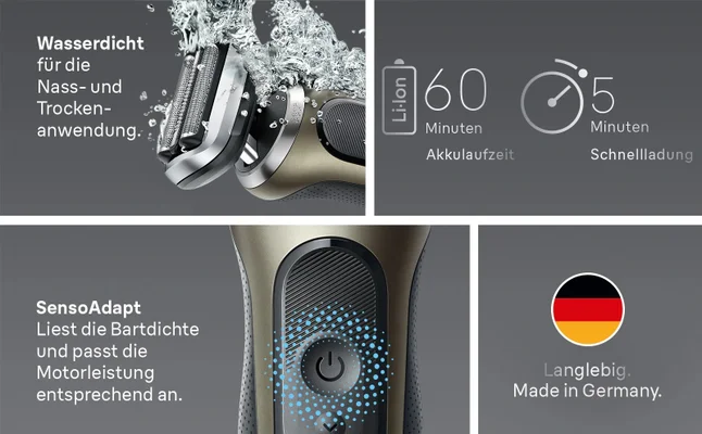 Braun Series 7 ist wasserdicht und die Motorleistung wird mit SensoAdapt an die Bartlänge angepasst.
