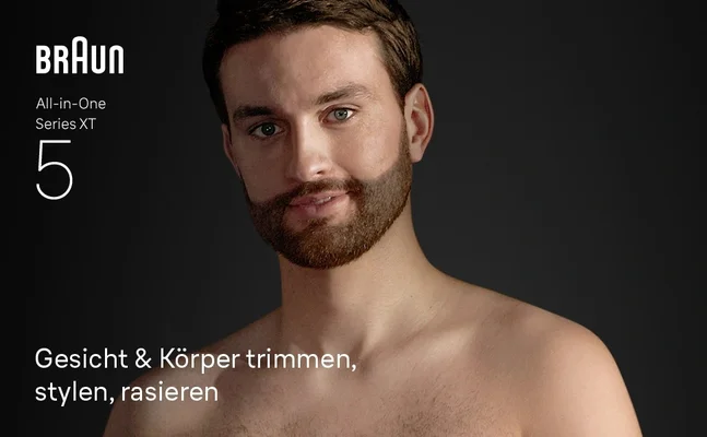 Mann mit Bart. „All-in-One Series XT 5. Ein Gerät. Trimmen. Stylen. Rasieren.“ Gesicht, Körper.