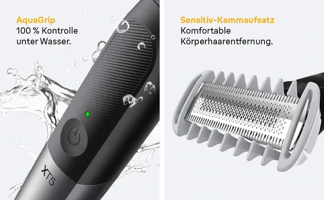 Gegenüberstellung des AquaGrip für 100 % Kontrolle unter Wasser und des Sensitiv-Kammaufsatzes.