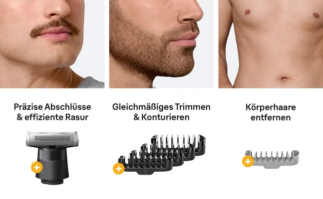 Anwendungsmöglichkeiten der Braun All-in-One Series XT 5 Aufsätze für Gesicht und Körper.