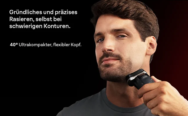 Gründliches und präzises Rasieren, selbst bei schwierigen Konturen.