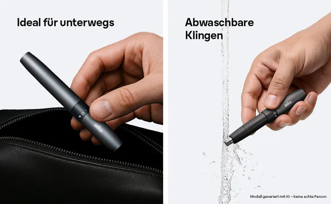 Mit abwaschbaren Klingen ideal für unterwegs.