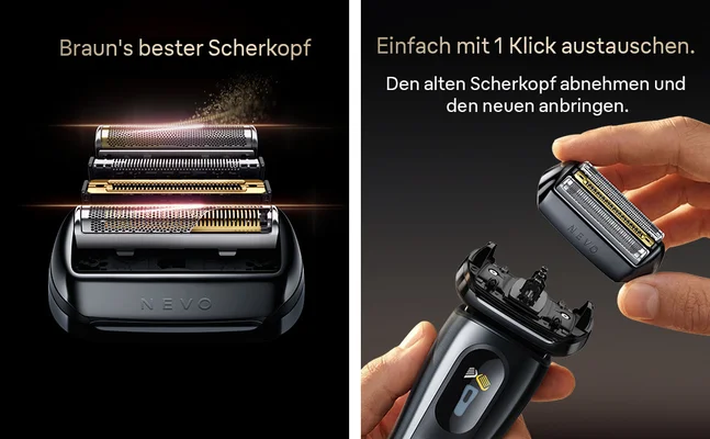 Einzelne Teile des Scherkopfs: 2x Optimierte Scherfolie, Direct & Cut, Lift & Cut, Skin Guard.