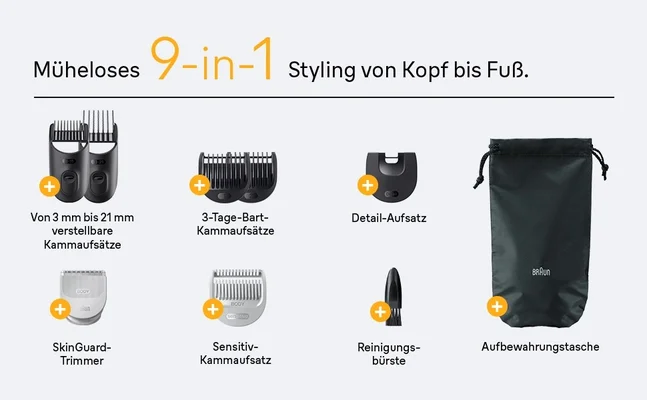 Verschiedene Tools und Accessoires, die Teil des Braun All-in-One Trimmer Series 5 sind.
