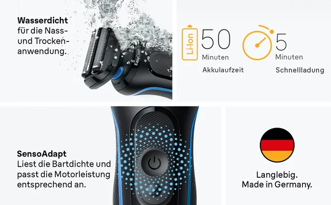 Braun Series 5 ist wasserdicht und die Motorleistung wird mit SensoAdapt an die Bartlänge angepasst.