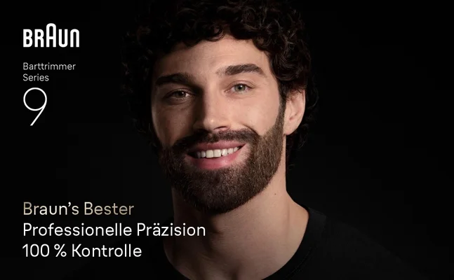Bärtiger Mann nach der Verwendung des Braun Barttrimmer Series 9 für professionelle Präzision.