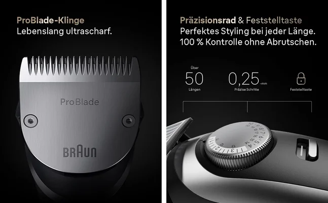 Die ultrascharfe ProBlade und das Präzisionsrad des Barttrimmer Series 9 mit Feststelltaste.