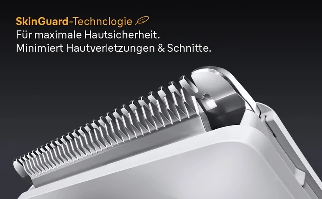 Nahaufnahme der Braun Bodygroomer Series 5 SkinGuard-Klinge, die Kratzer und Verletzungen minimiert.