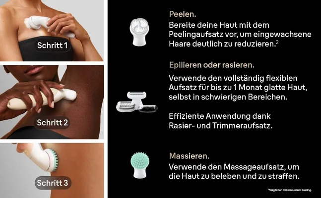 Frauen verwenden den Silk·épil 9 Flex SkinSpa zum Peelen, Epilieren oder Rasieren und Massieren.