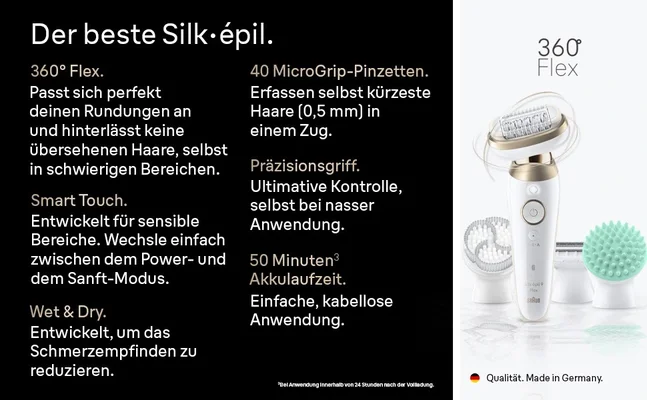 Braun Silk·épil 9 Flex SkinSpa: 360° Flex, 40 Pinzetten, Smart Touch, 50 Minuten Akkulaufzeit.