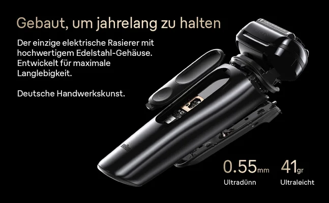 Der einzige elektrische Rasierer mit hochwertigem Edelstahl-Gehäuse. Deutsche Handwerkskunst: Entwickelt für maximale Langlebigkeit.