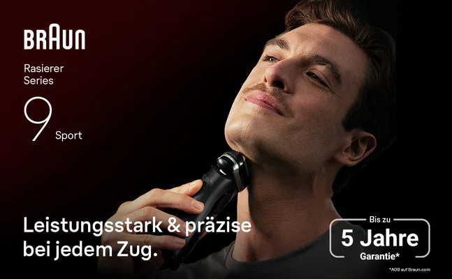 Ein Mann rasiert sein Kinn mit dem Rasierer Series 9 Sport. Der Text lautet: Leistungsstark und präzise bei jedem Zug