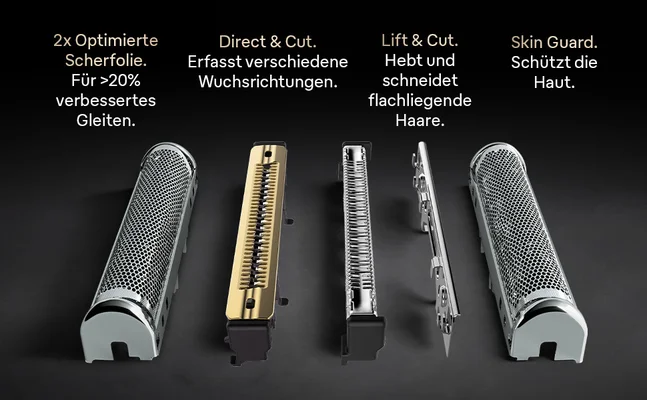 Einzelne Teile des Scherkopfs: 2x Optimierte Scherfolie, Direct & Cut, Lift & Cut, Skin Guard.