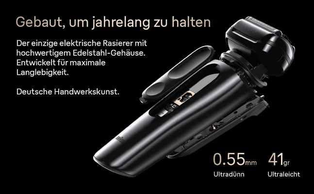 Der einzige elektrische Rasierer mit hochwertigem Edelstahl-Gehäuse. Deutsche Handwerkskunst: Entwickelt für maximale Langlebigkeit.