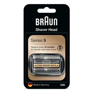 Braun Series 9 Scherkopf in Verpackung, Hinweis zum Austausch alle 18 Monate für optimale Rasur.
