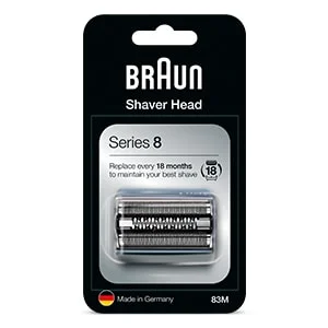 Braun Series 8 Scherkopf in der Verpackung, mit dem Hinweis, dass er alle 18 Monate ausgetauscht werden sollte.