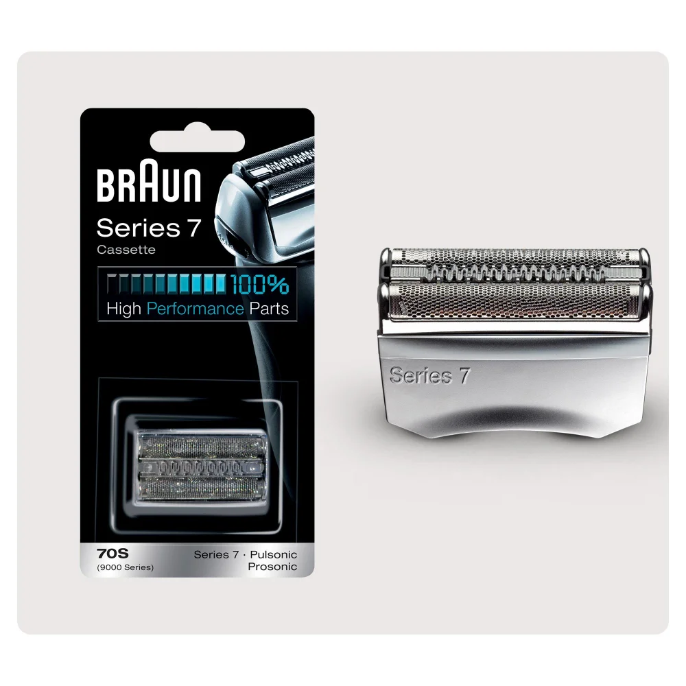 Braun Series 7 Rasierkassette und Verpackung mit Hinweis "100% High Performance Parts".