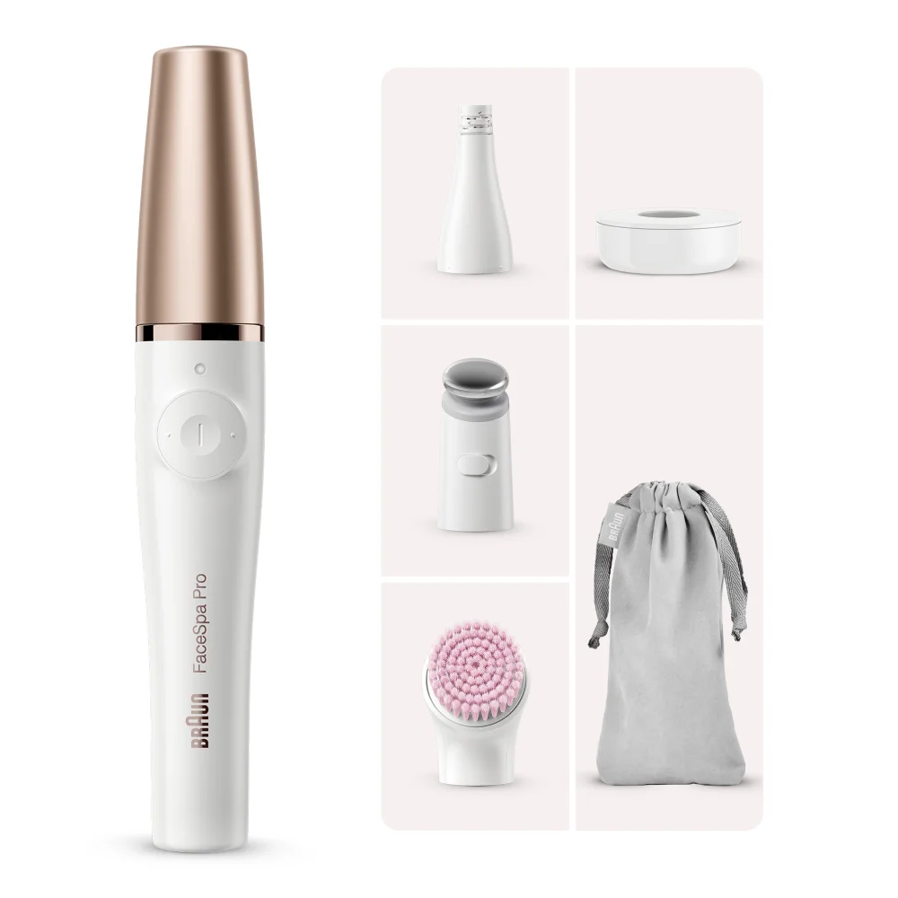 Braun FaceSpa Pro mit Epilier-, Reinigungs-, Massagekopf, Standfuß und Aufbewahrungsbeutel.