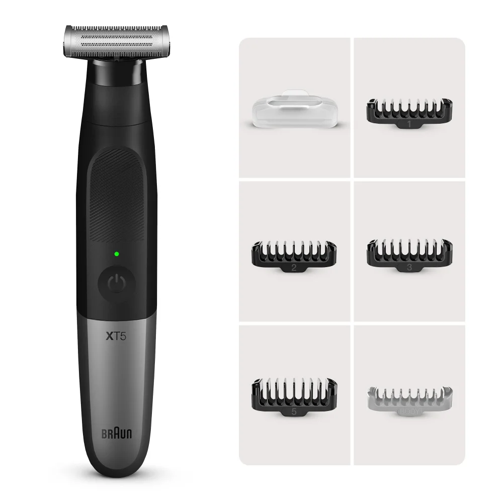 Braun XT5 Trimmer mit verschiedenen Kammaufsätzen und Schutzkappe.