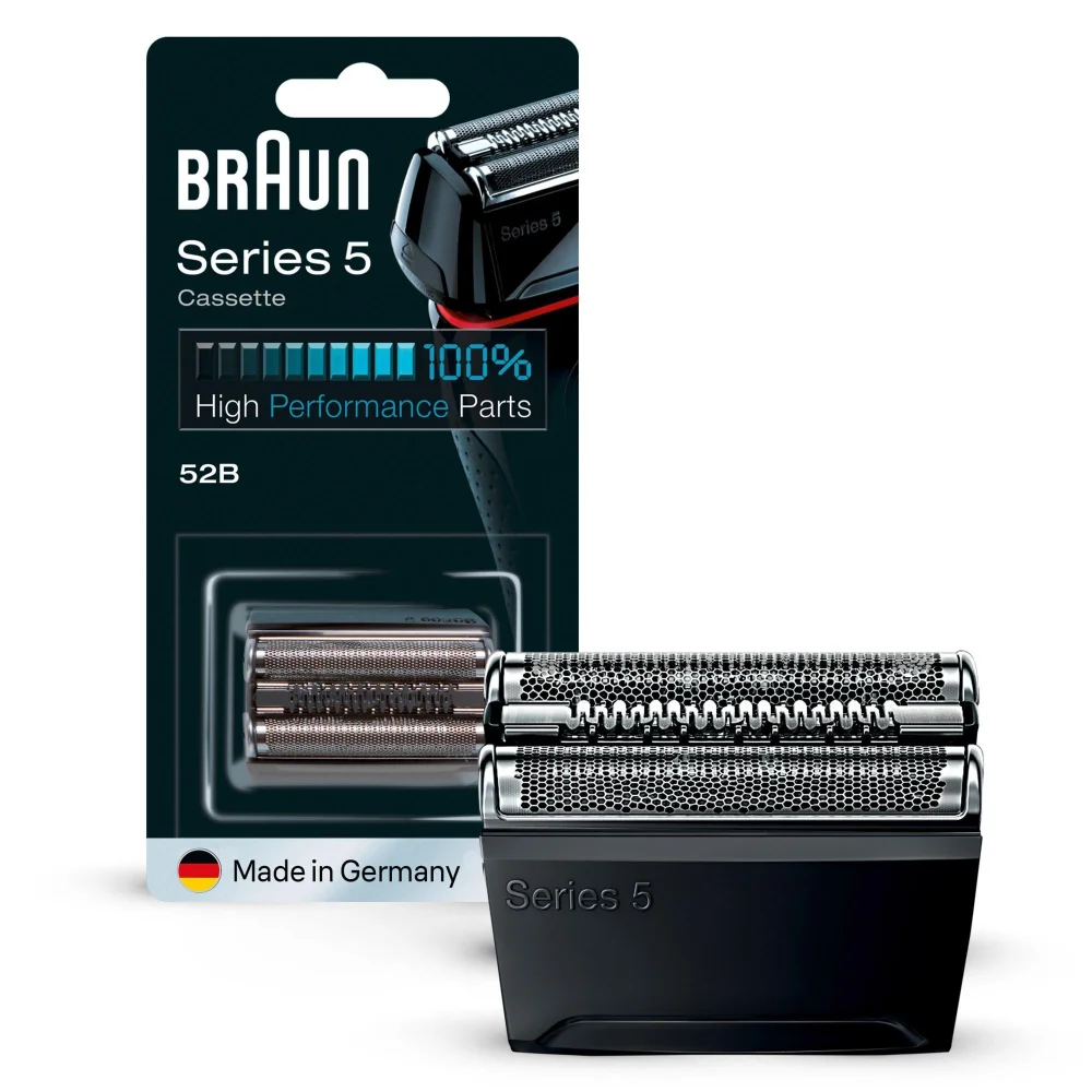 Braun Series 5 Scherfolienkassette 52B und Verpackung mit Hinweis auf 100% Hochleistungsteile.