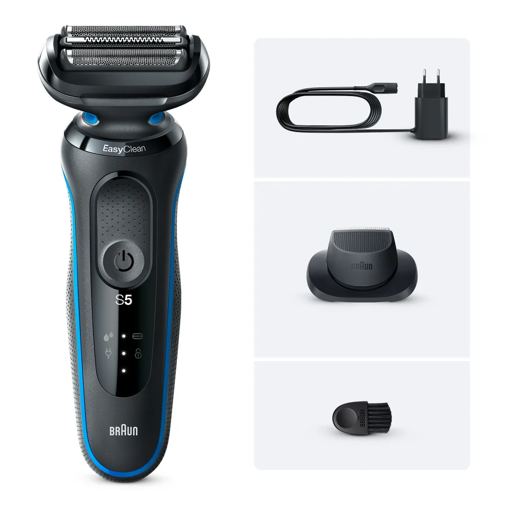 Braun Series 5 Rasierer mit EasyClean und Zubehör (Ladekabel, Ladestation, Bürste).